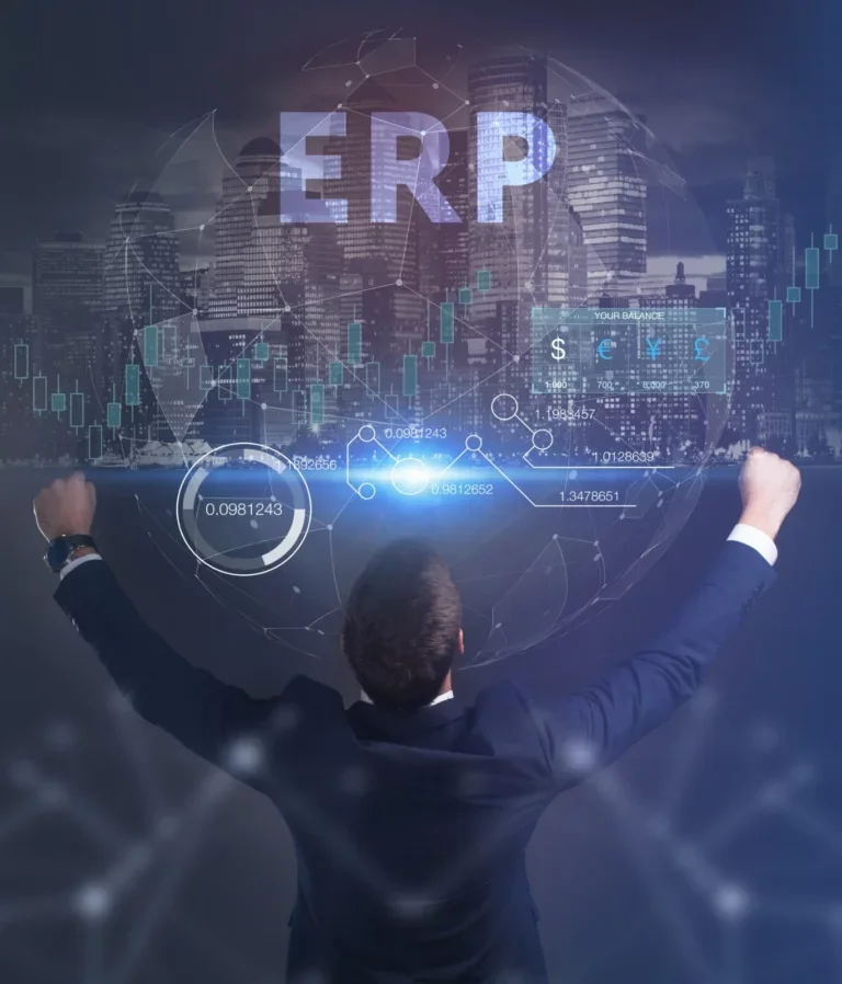 Businessman interacting with a virtual ERP interface over a cityscape background, symbolizing advanced enterprise resource planning technologies.