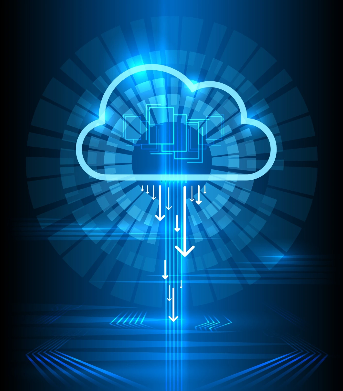 Digital illustration of a blue cloud computing concept with data flow arrows, symbolizing rapid data transfer and storage